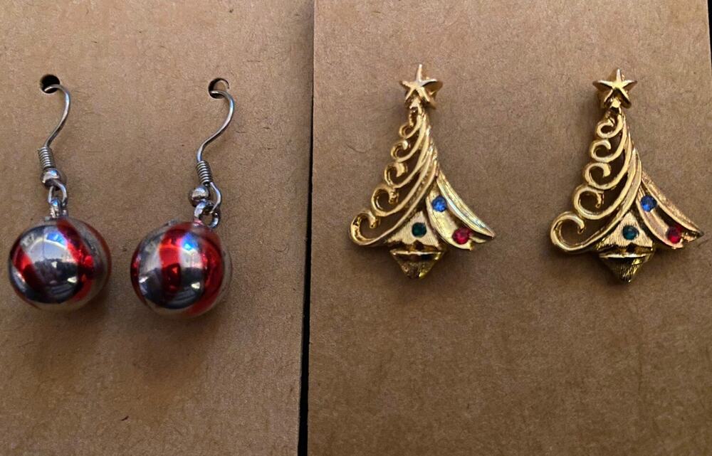 Vintage Earrings Enameled Christmas Tree Bells Ornament